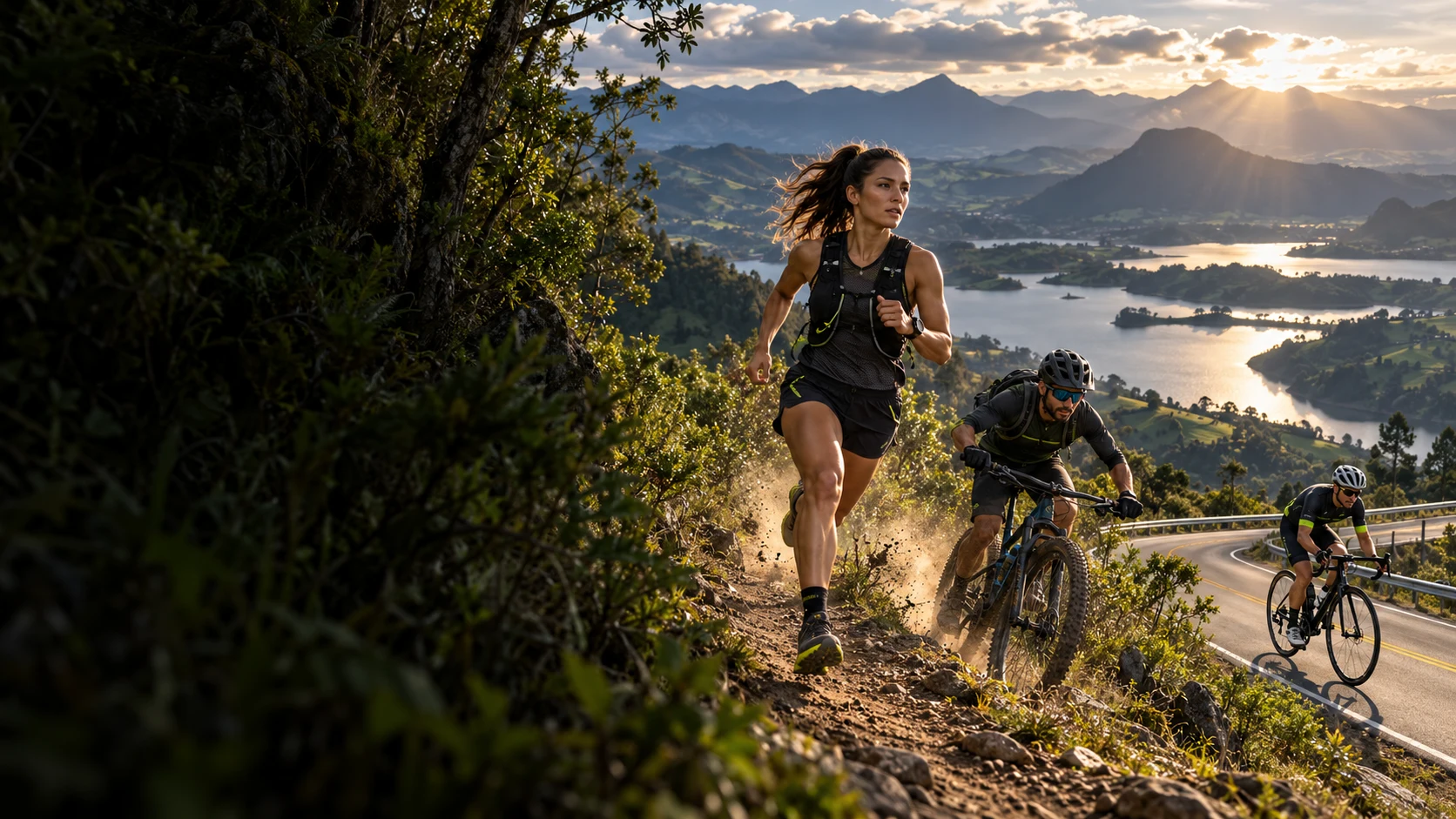 Running, mountain bike y ciclismo de ruta en un paisaje andino